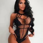 Rhinestone Halter Neck Sexy Cut Out Fishnet Bodysuit