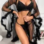 Sheer Feather Trim Dressing Gown Elegant Boudoir Robe