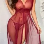 Wine Red Sheer Mesh Lingerie Set - Front-Closure Nightwear & G-String