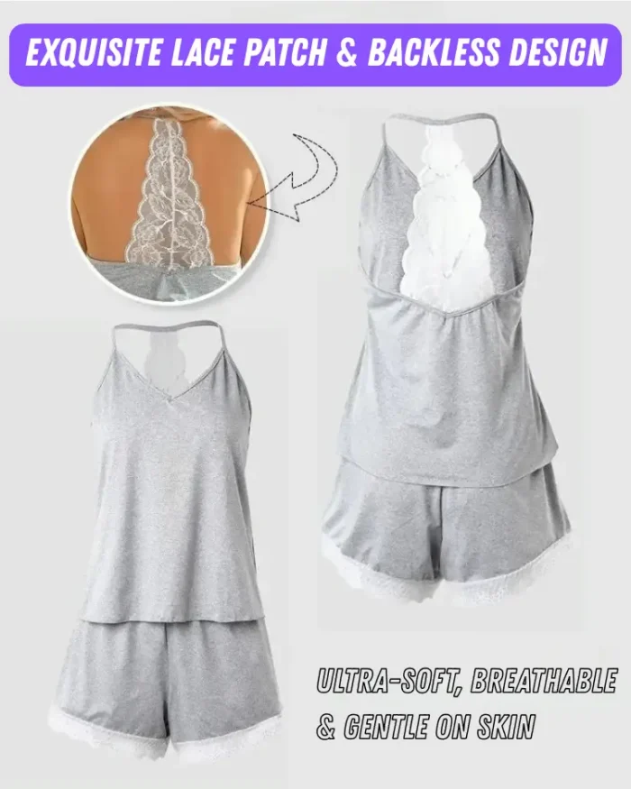 Crochet Lace Trim Backless Cami Top & Shorts Pajama Set - Image 7