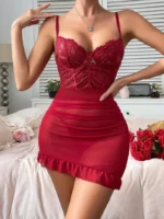 2 Pieces Contrast Lace V Neck Spaghetti Strap Ruffles Ruched Babydoll Sexy Slim Fit Lingerie with Thong - Image 12
