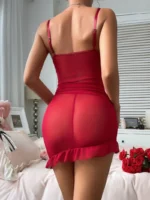 2 Pieces Contrast Lace V Neck Spaghetti Strap Ruffles Ruched Babydoll Sexy Slim Fit Lingerie with Thong - Image 13