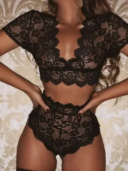Sheer Lace Short Sleeve Bralette & High-Waisted Panty Set-Black