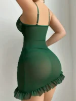 2 Pieces Contrast Lace V Neck Spaghetti Strap Ruffles Ruched Babydoll Sexy Slim Fit Lingerie with Thong - Image 22