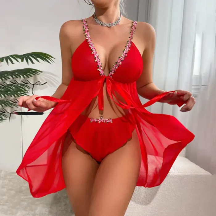 Sheer Floral Lace Open-Front Babydoll Lingerie - Image 16