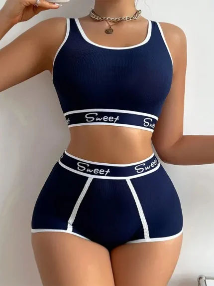 Women's 2-Piece Contrast Binding Letter Print Scoop Neck Bralette & High-Waisted Skinny Underwear Shorts Set