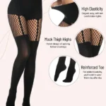Goth Striped Fishnet Stockings Faux Thigh High Tights Sexy Opaque Suspender Pantyhose