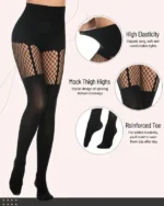 Goth Striped Fishnet Stockings Faux Thigh High Tights Sexy Opaque Suspender Pantyhose