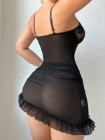 2 Pieces Contrast Lace V Neck Spaghetti Strap Ruffles Ruched Babydoll Sexy Slim Fit Lingerie with Thong - Image 7