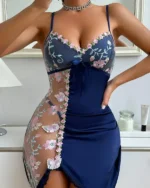 Floral Print Contrast Lace V Neck See Through Sheer Babydoll | Sleeveless Sexy Lingerie Set with Panties