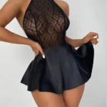 Lace-Trimmed Halter Babydoll Nightie: Backless Silhouette with Bow Accent