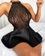 Lace-Trimmed Halter Babydoll Nightie: Backless Silhouette with Bow Accent