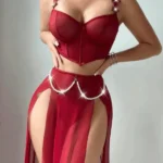Sexy & Romantic Sheer Bustier Lingerie Set with High-Slit Skirt & Pearl Chain