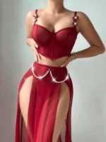 Sexy & Romantic Sheer Bustier Lingerie Set with High-Slit Skirt & Pearl Chain