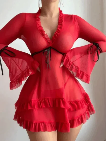 Sheer Ruffle Bell Sleeve Babydoll Lingerie Set
