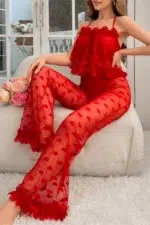 Romantic Red Heart Sheer Mesh Lingerie Set – Two-Piece Pajamas Set
