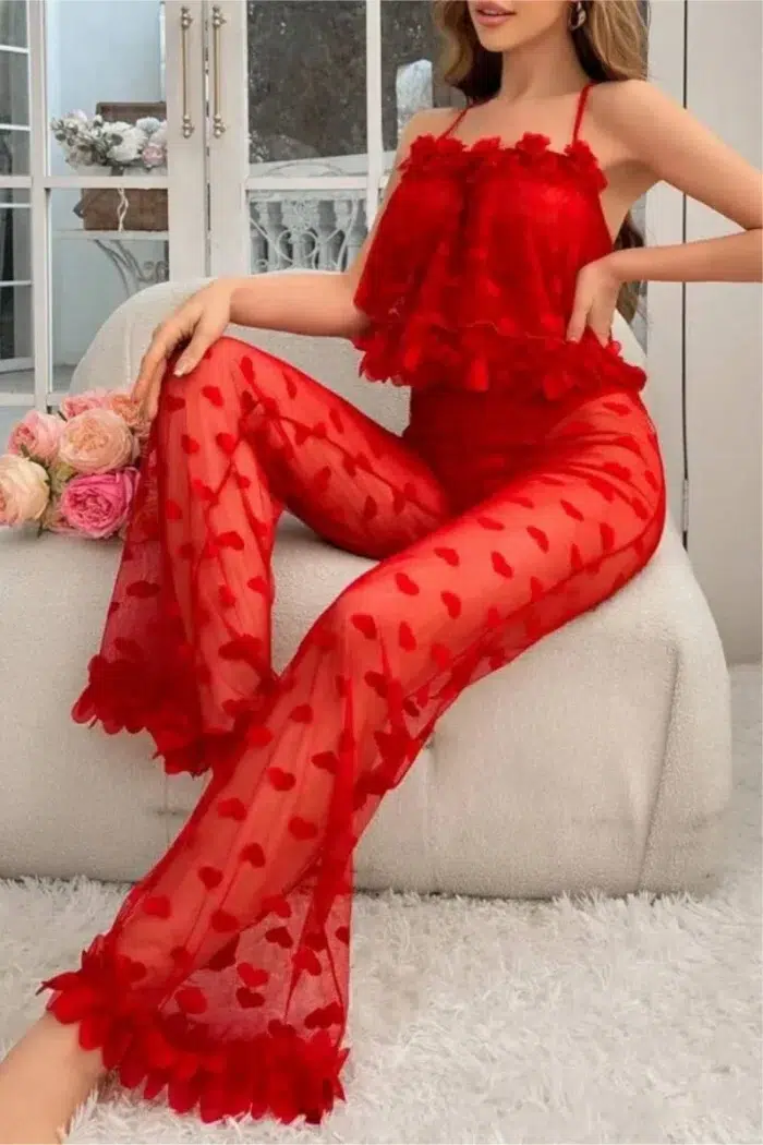 Romantic Red Heart Sheer Mesh Lingerie Set – Two-Piece Pajamas Set - Image 1