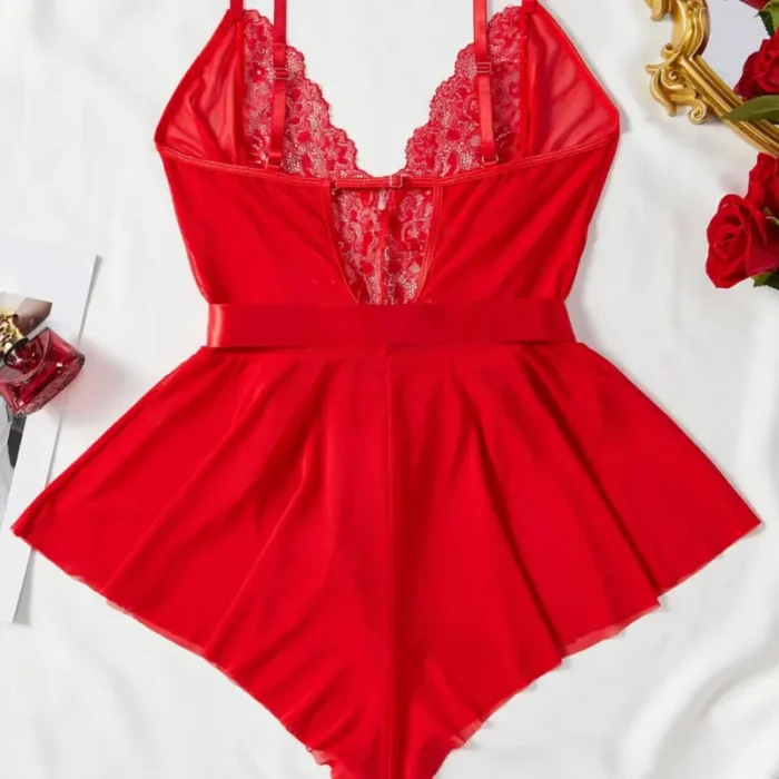 Sexy Red Lace Babydoll Teddy with Satin Ribbon Belt - Image 8