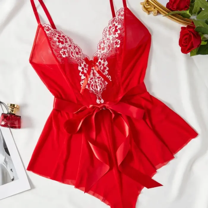 Sexy Red Lace Babydoll Teddy with Satin Ribbon Belt - Image 7