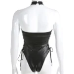 Black PU Leather Halter Bodysuit with Eyelet Lace-Up Sides - Image 10