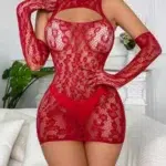 Sheer Lace Babydoll Lingerie Bodycon Mini Dress with Gloves