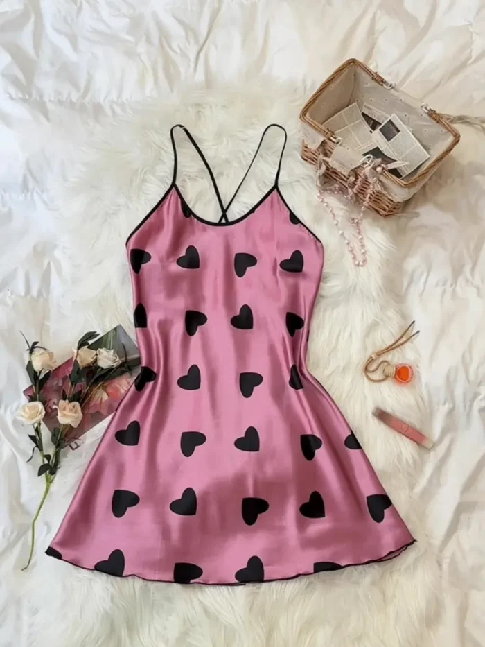 Satin Heart Print Cross-Back Nightdress - Image 5