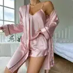 Silky 3-Piece Pajama Set – Cami, Shorts & Robe