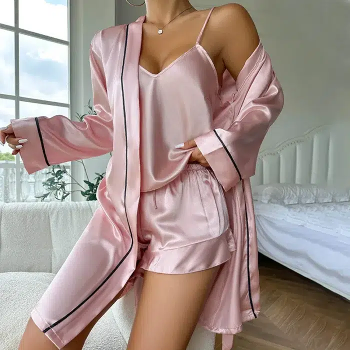 Silky 3-Piece Pajama Set – Cami, Shorts & Robe - Image 1