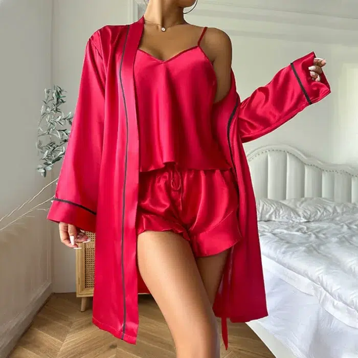 Silky 3-Piece Pajama Set – Cami, Shorts & Robe - Image 3