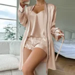 Silky 3-Piece Pajama Set – Cami, Shorts & Robe - Image 5
