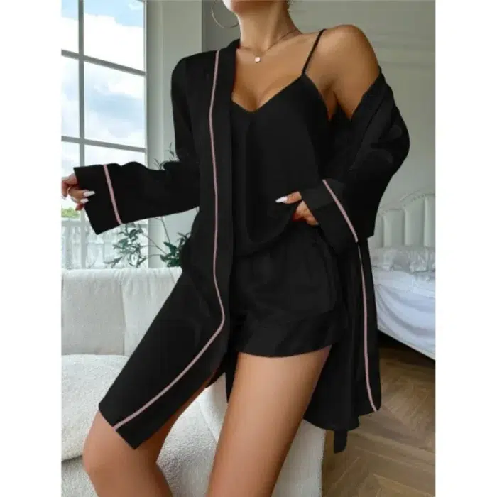 Silky 3-Piece Pajama Set – Cami, Shorts & Robe - Image 7