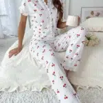 Cherry Lace Trim Pajama Set – White