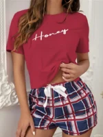 "Honey" Letter Print Tee & Plaid Shorts Pajama Set - Image 8