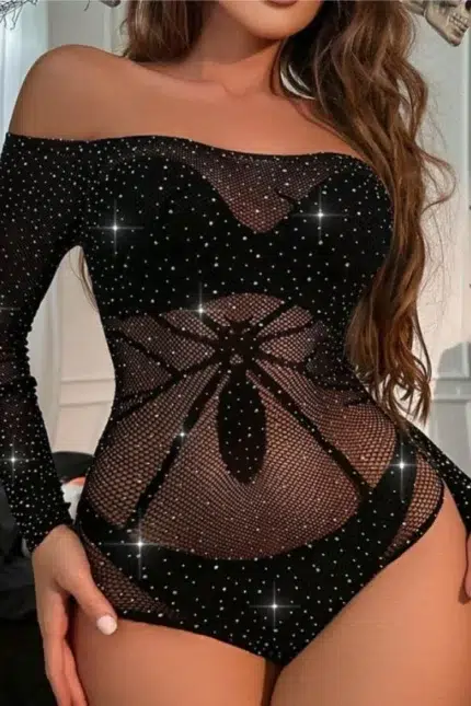 Glam Spider Web Rhinestone Mesh Bodysuit Halloween Sexy Lingeries