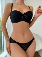 Lace Trim Push-Up Bra & Mesh Embroidered Thong Set