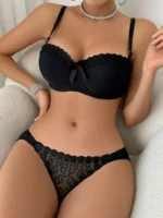 Lace Trim Push-Up Bra & Mesh Embroidered Thong Set - Image 4