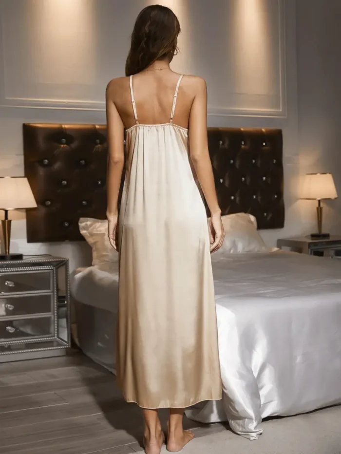 Elegant Gold Satin Lace Trim Long Nightgown - Image 6