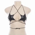 Black Faux Leather Hollow-Out Strappy Bikini Top - Image 3