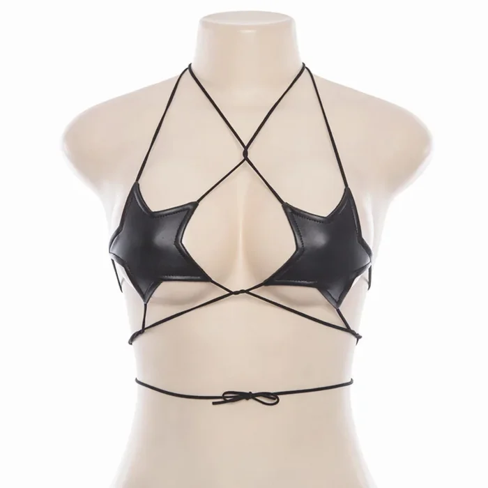 Black Faux Leather Hollow-Out Strappy Bikini Top - Image 3