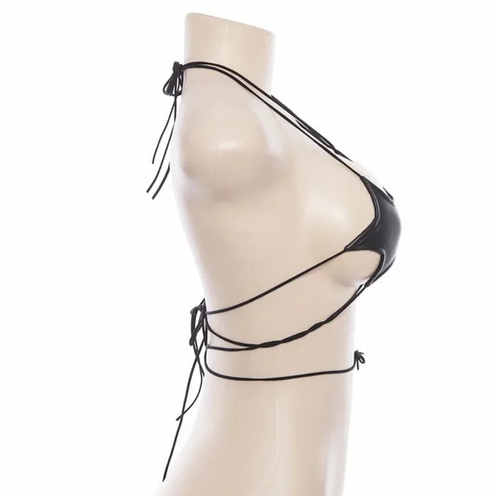 Black Faux Leather Hollow-Out Strappy Bikini Top - Image 4