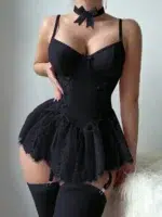 5 Pcs Lace Corset Babydoll Lingerie Set With Thong Garter Straps Stockings - Image 13