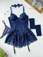 5 Pcs Lace Corset Babydoll Lingerie Set With Thong Garter Straps Stockings - Image 21