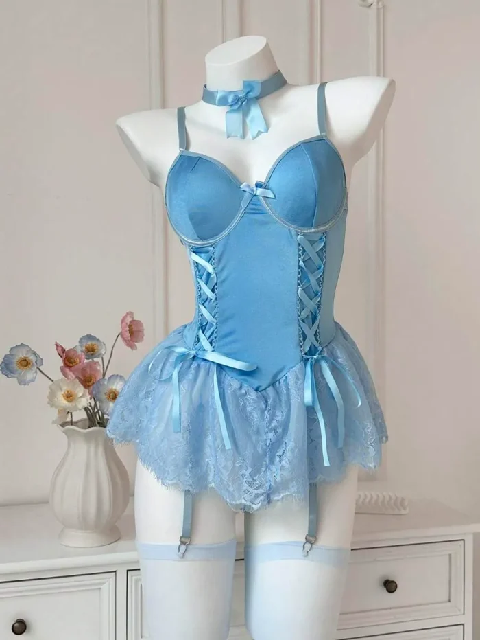 5 Pcs Lace Corset Babydoll Lingerie Set With Thong Garter Straps Stockings - Image 26