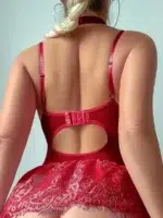 5 Pcs Lace Corset Babydoll Lingerie Set With Thong Garter Straps Stockings - Image 28