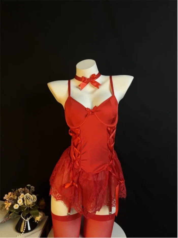 5 Pcs Lace Corset Babydoll Lingerie Set With Thong Garter Straps Stockings - Image 32