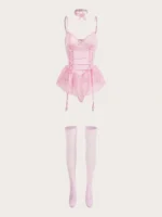 5 Pcs Lace Corset Babydoll Lingerie Set With Thong Garter Straps Stockings - Image 7