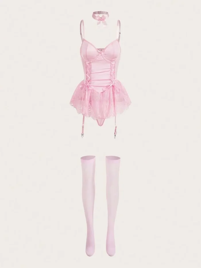 5 Pcs Lace Corset Babydoll Lingerie Set With Thong Garter Straps Stockings - Image 7
