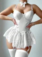 5 Pcs Lace Corset Babydoll Lingerie Set With Thong Garter Straps Stockings - Image 10