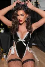 Sexy Black Faux Leather Bodysuit With White Lace 1 Pc Maid Costume - Image 3