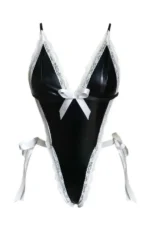 Sexy Black Faux Leather Bodysuit With White Lace 1 Pc Maid Costume - Image 8